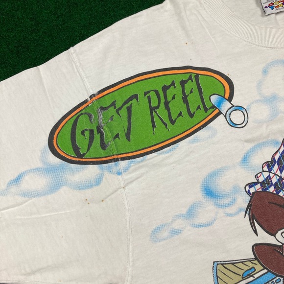 Vintage Tasmanian Devil Shirt Mens XL White 1997 Taz Fishing Get Reel AOP 90s - Picture 6 of 16